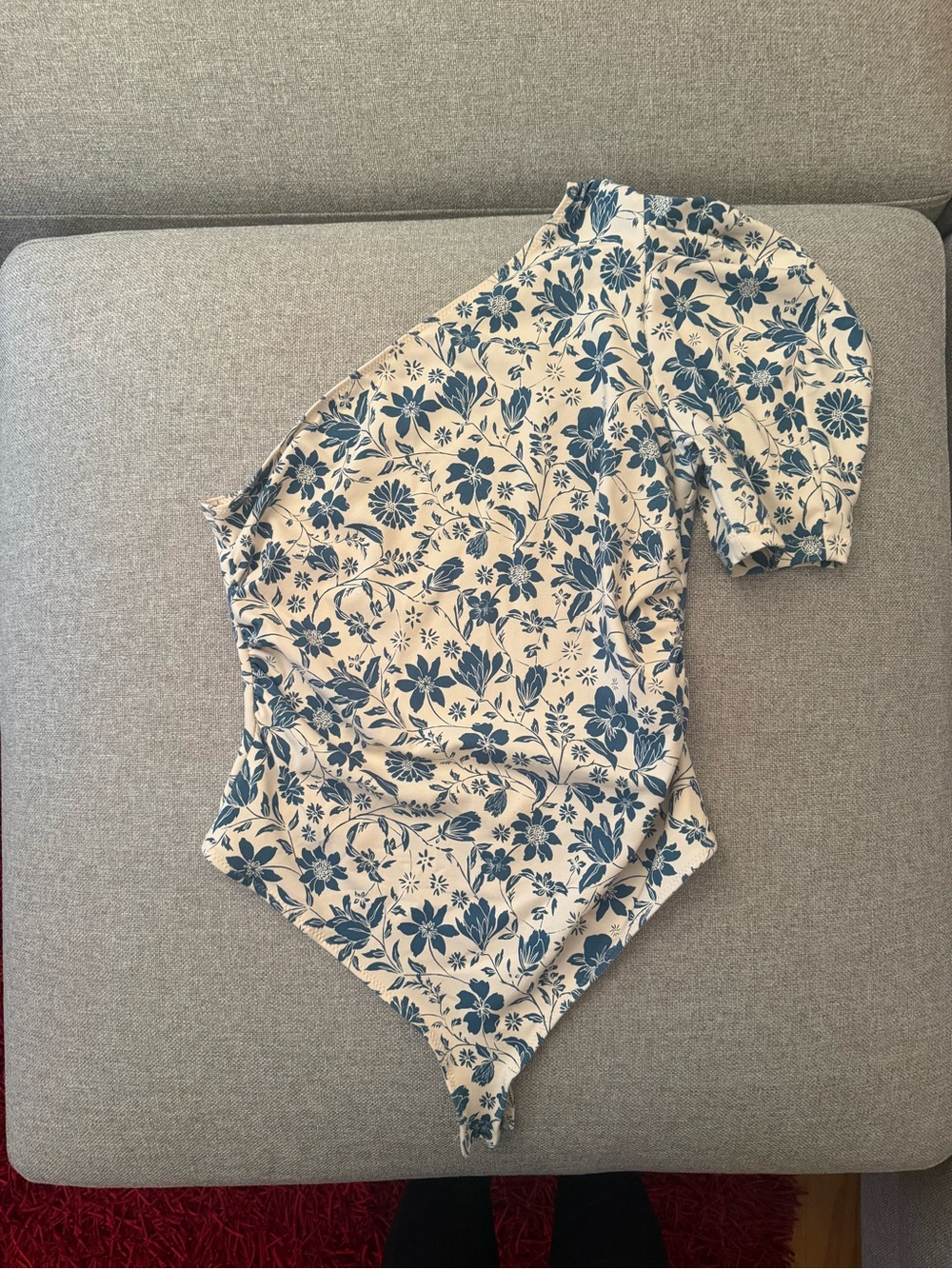 Free People Blue Floral One-Shoulder Puff Sleeve Bodysuit on Cream